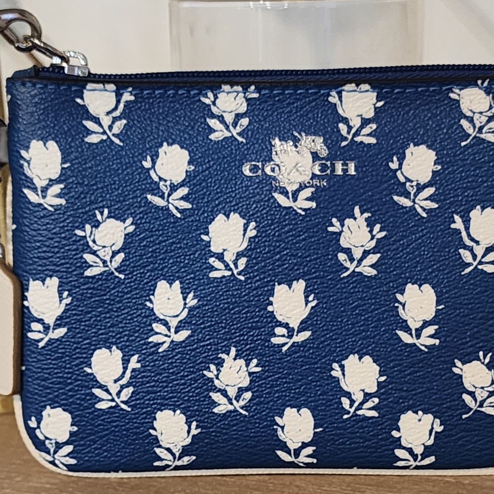 Coach Badlands Navy Blue Floral Wristlet- 6×4.5